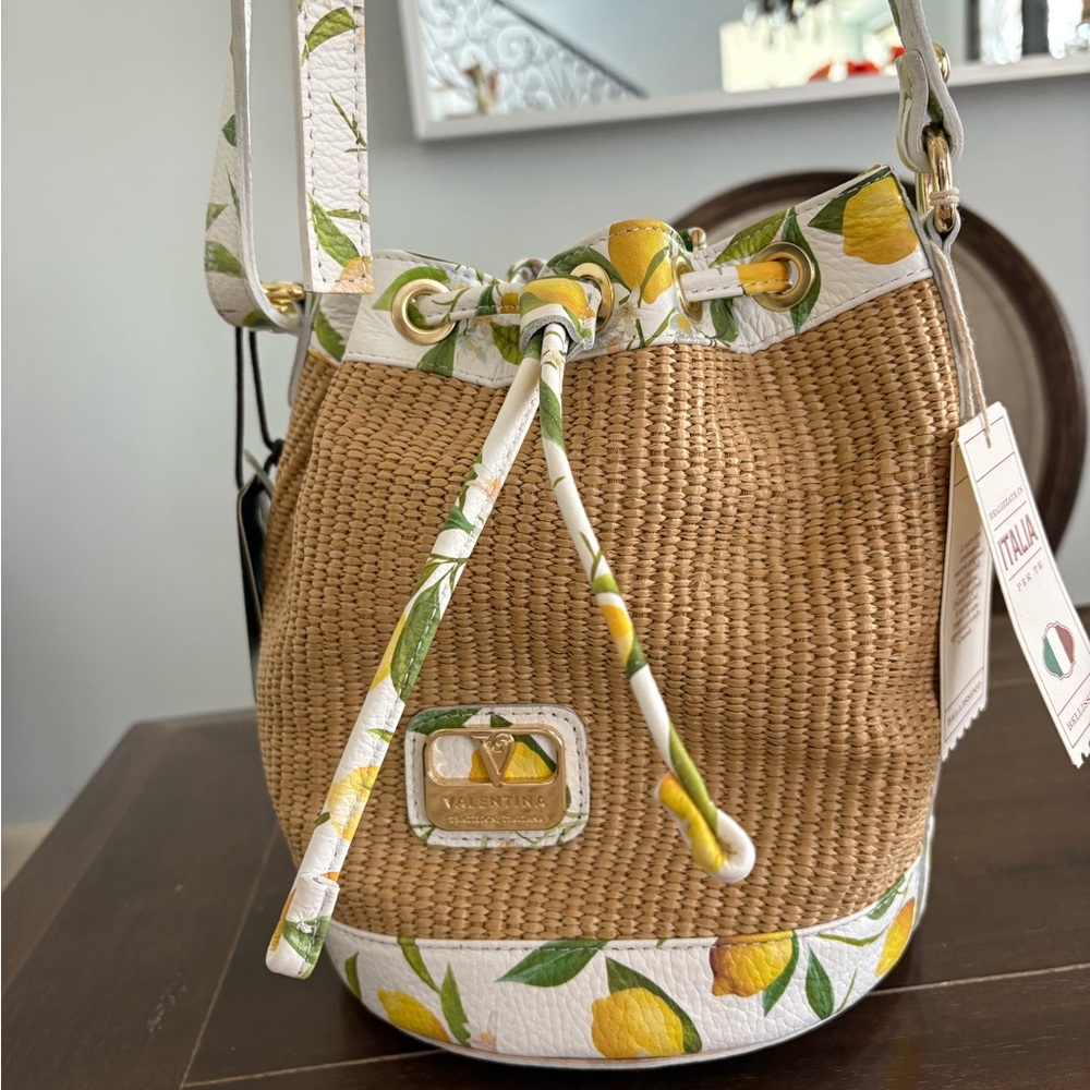 Valentina Lemon Print Tan Bucket Bag